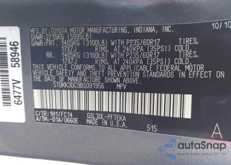2011 Toyota Sienna Le V6/Le V6 Auto Access Seat from USA, damaged, VIN 5TDKK3DC9BS091956